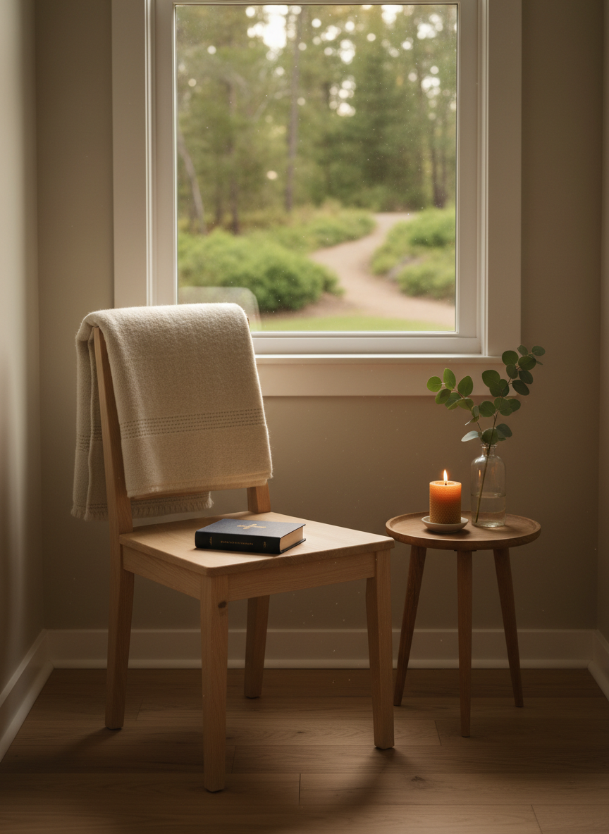 A simple wooden chair stands alone in a small, uncluttered corner by a window, with a folded wool blanket draped over its back and a closed, navy-blue prayer book resting on the seat. Beside the chair, a small side table holds a lit beeswax candle and a single sprig of green leaves in a clear glass jar. Outside the window, soft-focus greenery and a suggestion of a distant path hint at nature beyond. Late afternoon light streams in, casting warm, gentle rays and long, calm shadows. Photographic realism, eye-level composition with balanced negative space, conveys a quiet, contemplative space for Ignatian prayer and interior stillness within everyday surroundings.