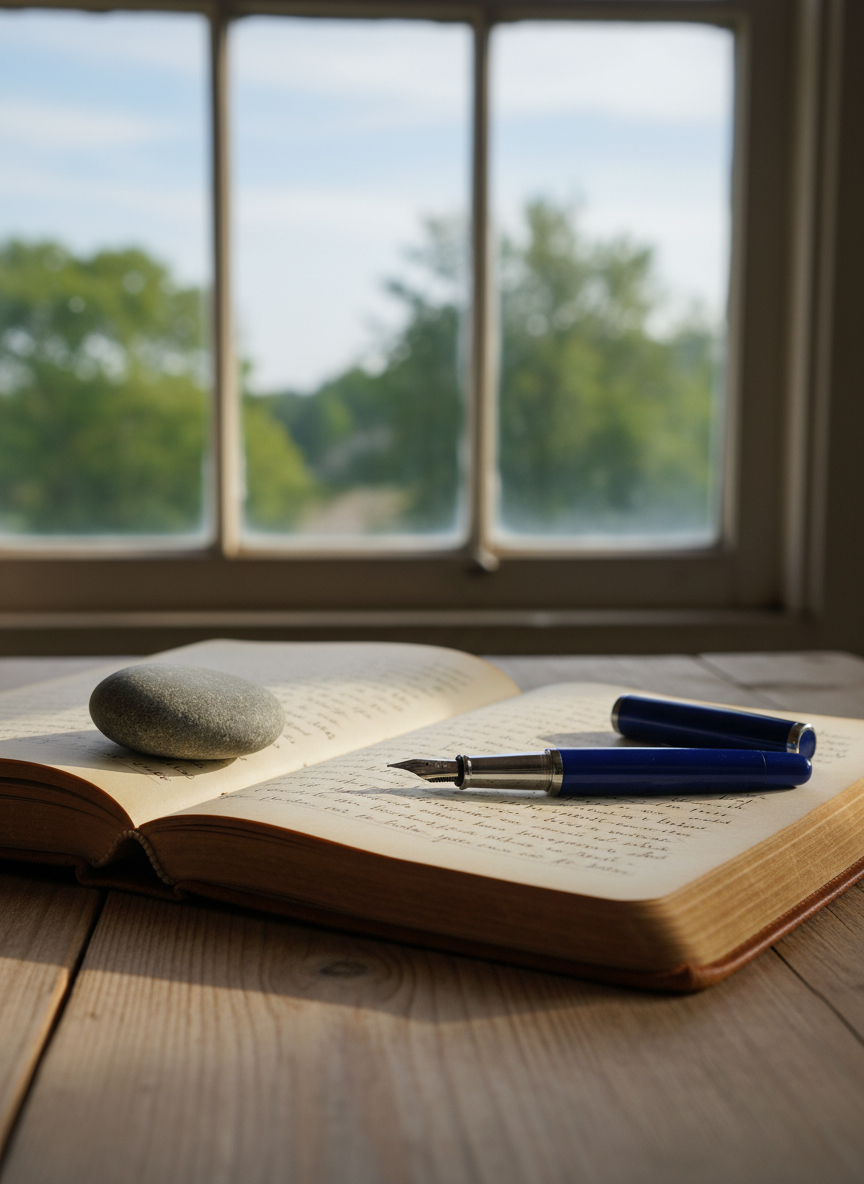 A well-worn, leather-bound journal lies open on a simple wooden table, its cream pages filled with faint, handwritten reflections that are just out of focus, suggesting but not dictating words. A single smooth river stone rests on one page, beside a finely crafted fountain pen with a deep blue barrel. The table sits near an old window overlooking a hint of trees and sky, blurred in the background. Soft morning light filters through, creating gentle highlights on the journal’s texture and subtle shadows along the wood grain. Photographic realism with a shallow depth of field, shot at a slightly elevated angle, evokes quiet Ignatian-style reflection and the practice of daily examen in the midst of ordinary life.